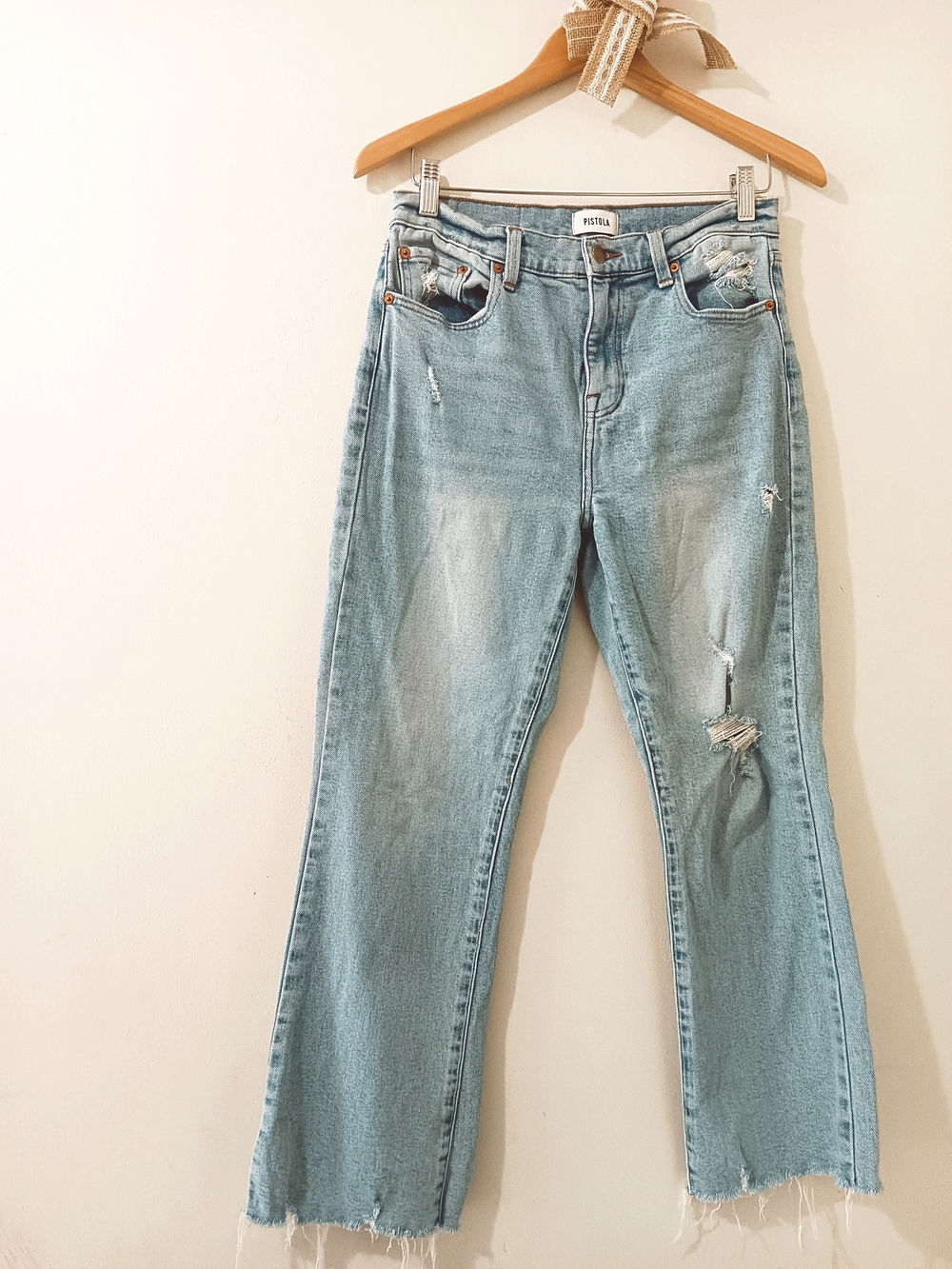 PISTOLA HIGH RISE FRAYED HEM ANKLE CROP STRAIGHT LEG DENIM BLUE JEANS SIZE 29